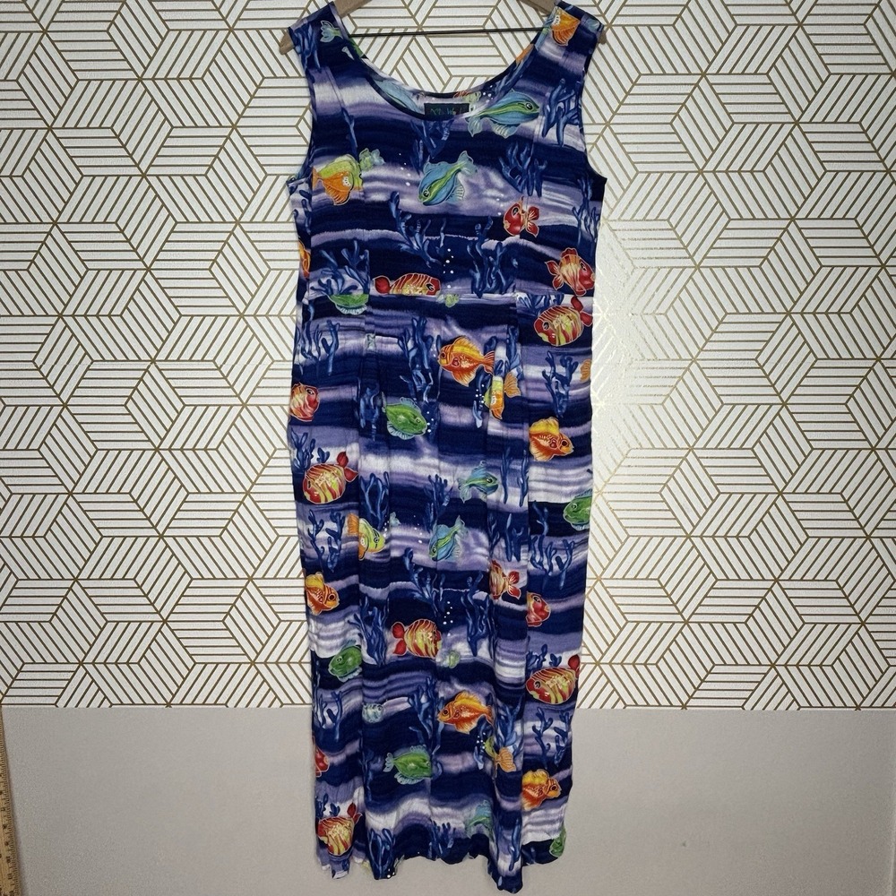 Jams World Women's Blue Sleeveless Talking Fish Sundress Medium Vintage Tropical